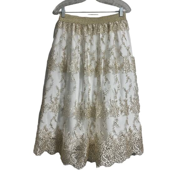 Belle Badgley Mishka Gold Embroidered Tulle Overlay Skirt 10 - Picture 1 of 7